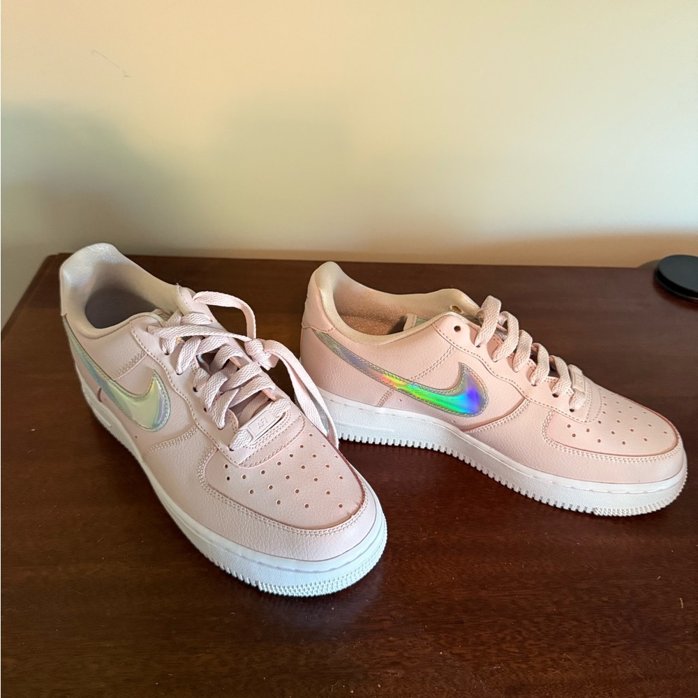 Nike Women's Pale Pink Sneakers with Iridescent Swoosh